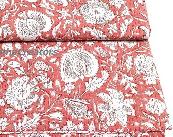 Copriletto Kantha reversibile fatto a mano, coperta stampata a mano con motivi floreali, copriletto per divano/letto