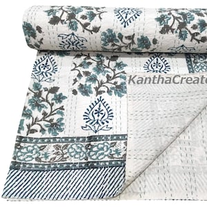 Indischer Kantha Überwurf mit Blockprint, handgefertigte Wendebettdecke, Queen-Size-Bettwäsche Überwurf weiche Kantha Tagesdecke