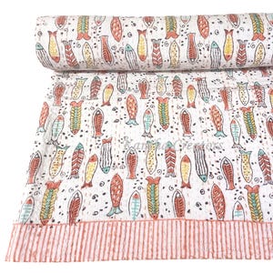 Indian Fish Print Throw, Hand Block Printed Kantha Bedding Quilt, Queen Size Reversible Quilted Throw, Handmade 100%Soft Cotton Bedspread