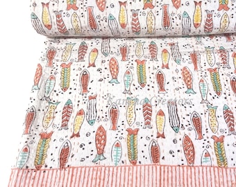 Indian Fish Print Throw, Hand Block Printed Kantha Bedding Quilt, Queen Size Reversible Quilted Throw, Handmade 100%Soft Cotton Bedspread