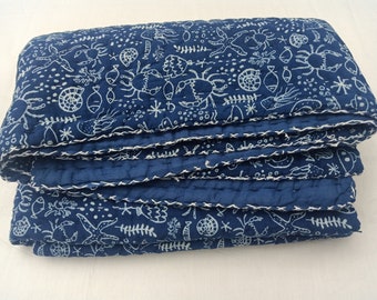 Natural Blue Indigo Cotton Quilt Modern Baby Quilt Handmade Crib Quilt Indian Baby Quilt Blanket Winter Comforter Muslin Bedding Throw