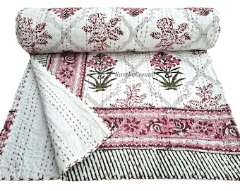 Coperta Kantha con stampa floreale a blocchi, copriletto reversibile in cotone per letto matrimoniale, copriletto leggero per divano