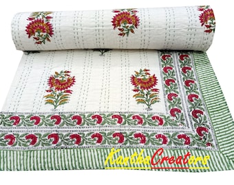 Red & Green Flower Print kantha Quilt Indian Cotton Bedspread Reversible Blanket Handmade Coverlet Vintage Bedcover King Size Quilt