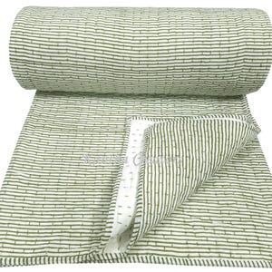 Henna Green Stripe Block Print Quilt, 100% Cotton Quilted Kantha Quilt, Indian Handmade Soft Muslin AC Blanket, Kantha Bed/Sofa Decor Quilt