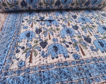 Copriletto reversibile in cotone fatto a mano, plaid Kantha con stampa a blocchi di elefanti, trapunte matrimoniali.