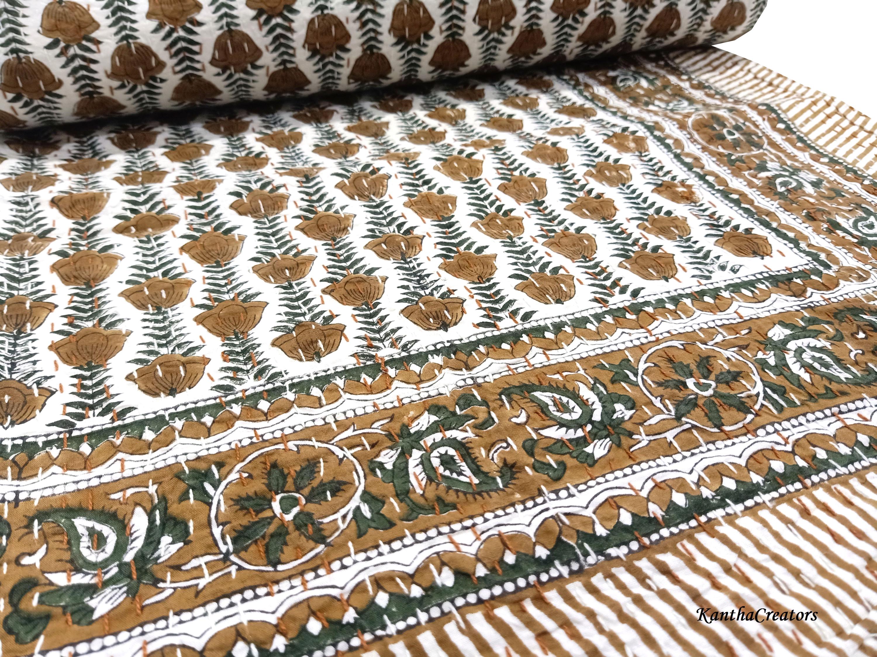 Handmade Soft Cotton Reversible Bedspread, Floral Block Print