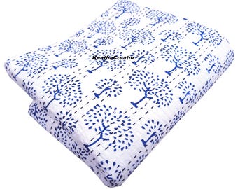 Copriletto reversibile in morbido cotone fatto a mano, con stampa Kantha nera ad albero, copriletto matrimoniale.