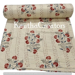 Pure Cotton Kantha Quilt Reversible Bedding Throw Indian Handmade Blanket Hand Block Floral Print Bedspread Vintage Dohar King Size Bedcover