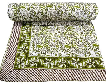 Coperta Kantha con stampa floreale a blocchi, in morbido cotone, reversibile, realizzata a mano, adatta per letti matrimoniali (Queen size).