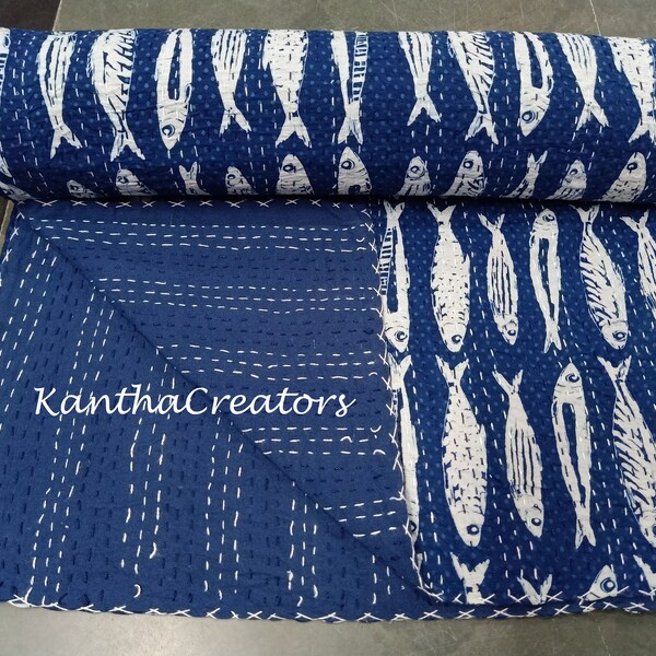Blue Indigo Fish Print Bedcover Reversible Cotton Bedspread Indian Handstitched Blanket Handmade King Size Bedsheet Home Décor Throw