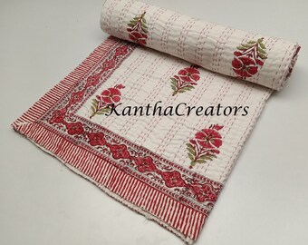 Indian Hand Block Print Kantha Quilt Hand Stitch Coverlet Throw Reversible Bedcover Handmade Kantha Bedspread Cotton Bedding Comforter