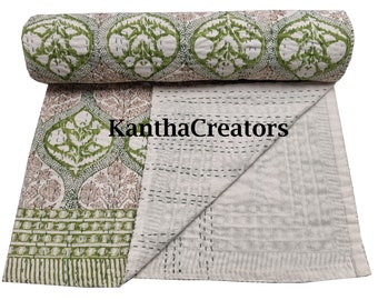 Flower Design Kantha Quilt Hand Stitch Blanket Indian Cotton Throw Reversible Bedspread Home Decor Sofa Cover King Size Bedding Coverlet