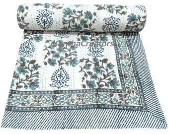 Manta Kantha con estampado floral en bloques, colcha reversible de algodón suave hecha a mano, cubrecama para sofá tamaño Queen