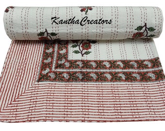 Floral Design Hand Block Print Bedcover Handmade Throw Indian Cotton Coverlet Home Décor Bedspread Reversible Blanket King Size Kantha Quilt