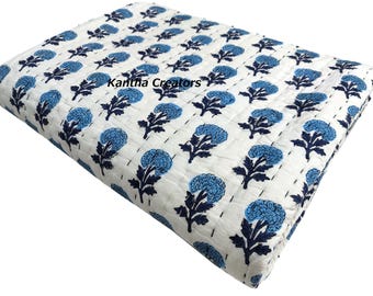 Blue Marigold Block Print Cotton Kantha Quilt, Indian Handmade Reversible Bedding/Sofa Blanket
