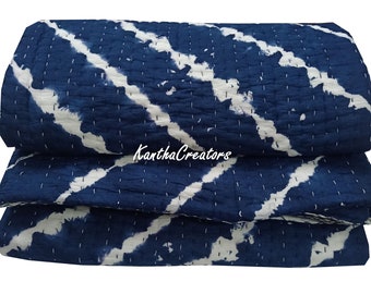 Hand Stitch Kantha Quilt, Boho Tie Dye Indigo Blue Reversible Kantha Bedspread Handmade Pure Cotton Filling Queen King Twin Size Blanket