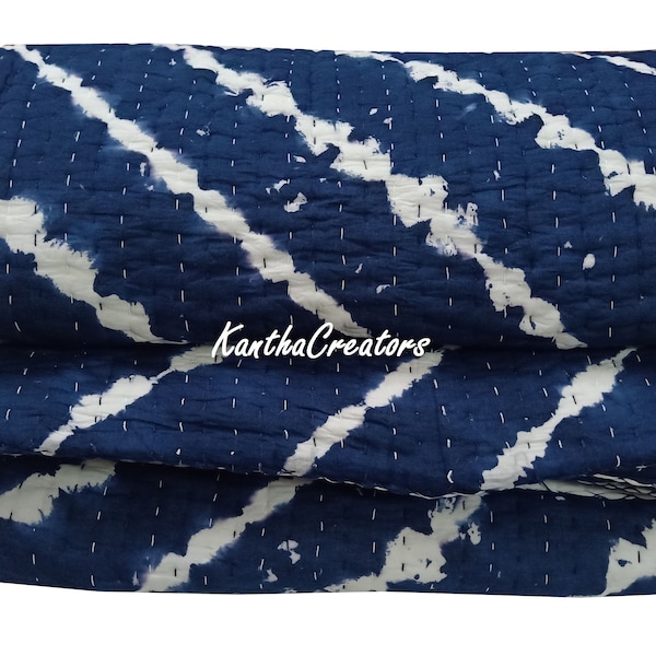 Hand Stitch Kantha Quilt, Boho Tie Dye Indigo Blue Reversible Kantha Bedspread Handmade Pure Cotton Filling Queen King Twin Size Blanket