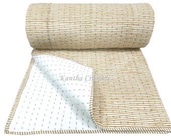Trapunta Kantha in cotone con stampa a blocchi a righe marroni, coperta reversibile fatta a mano, trapunte indiane per divano/letto