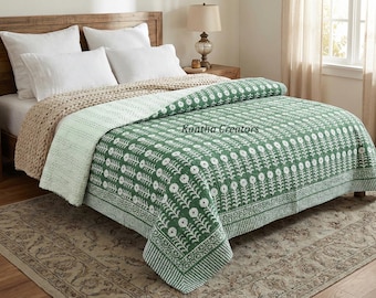 Copriletto fatto a mano con stampa floreale a blocchi, plaid reversibile in cotone con punto Kantha per divano, trapunte matrimoniali