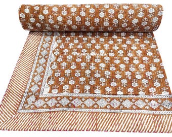 Coperta Kantha con stampa a blocchi fatti a mano, copriletto reversibile in cotone queen size, copriletto per divano leggero