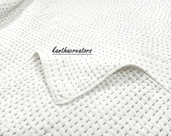 Reversible Solid White Cotton Kantha Quilt, Indian Handmade Boho Blanket, Bedding/Sofa Quilts