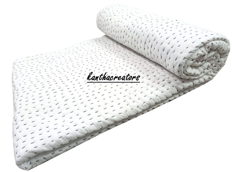 Trapunta Kantha reversibile in cotone bianco, coperta indiana fatta a mano, copriletto/copridivano/trapunte immagine 7