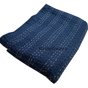 Indigo Blau Kantha Quilt, Handgemachte Indische Baumwolle Tagesdecke, Boho Decke