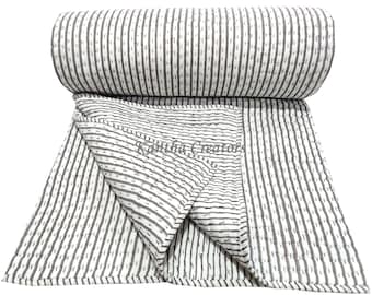 Reversible Gray Striped Block Print Cotton Kantha Quilt, Indian Handmade Blanket Bedding/Sofa Quilt