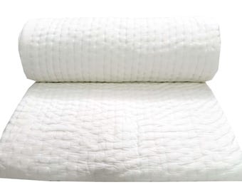 Trapunta Kantha bianca solida, copriletto in cotone per letto king/queen, coperta estiva minimalista in stile boho