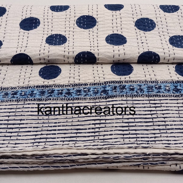 Blue Polka Dot Hand Block Print Kantha Quilt Reversible Blanket Handmade Kantha Bedspread Indian Throw Cotton Comforter King Size Bedcover