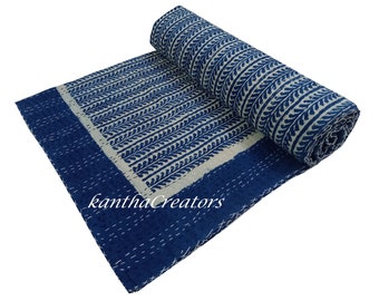 New Blue Indigo Kantha Quilt Hand Stitch Bedcover Indian Cotton Bedsheet Reversible Bedspread King Size  Throw Kantha Handmade Winter Quilt