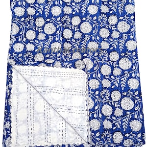 Eleganter Blauer Blumen Baumwollüberwurf, Indischer Block Print Quilt, Handgefertigte Tagesdecke Wendebettwäsche Überwurf, Queen-Size-Sofabezug