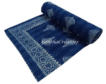 Blue Indigo Kantha Quilt Hand Block Print Bedcover Handmade Winter Comforter Cotton Bedspread Hand Stitch Blanket Reversible Bedding Throw