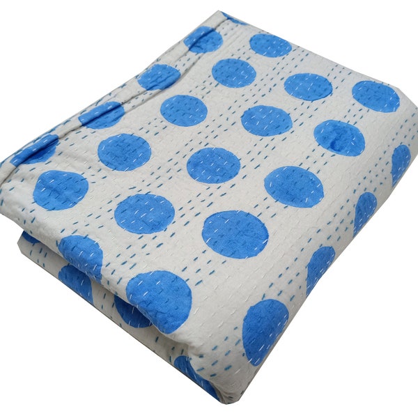 Blue Polka Dot Kantha Quilt Cotton Bedcover Handmade Winter Quilt Reversible Bedsheet Hand Stitch Blanket Indian Bedspread Home Décor Throw