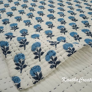 Blue Flower Hand Block Print Quilt, Indian Handmade Reversible Kantha Quilt, 100% Cotton Quilted Quilt, AC Blanket, Sofa Bedroom Decor Quilt
