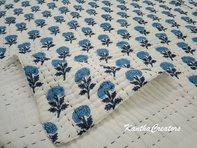 Blue Flower Hand Block Print Quilt, Indian Handmade Reversible Kantha Quilt, 100% Cotton Quilted Quilt, AC Blanket, Sofa Bedroom Decor Quilt