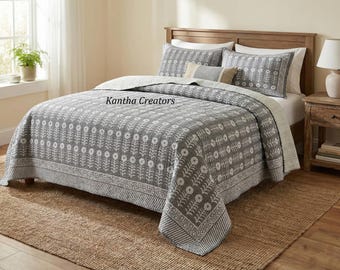 Copriletto reversibile in cotone fatto a mano, coperta Kantha con stampa floreale a blocchi, trapunta leggera.