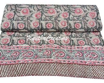 Floral Design Hand Block Print Kantha Quilt Indiase handgemaakte dekbedovertrek Katoenen deken Handsteek beddengoed Gooi omkeerbare Kantha sprei