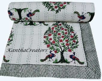 Floral Design Kantha Quilt Hand Stitch Bedding Coverlet Indian Blanket Handmade Bedcover Cotton Bedspread Reversible Throw AC Comforter