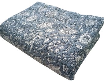 Gray Flower Print Throw, Hand Block Printed Throw, Cotton Kantha Bedspread, Indian Reversible Bedding Throw, Queen Size Bedroom Decor Throw