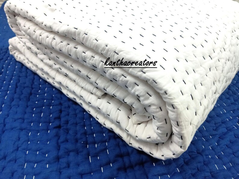 Trapunta Kantha reversibile in cotone bianco, coperta indiana fatta a mano, copriletto/copridivano/trapunte immagine 3