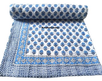 Colcha reversible con estampado floral, manta Kantha de algodón cosida a mano, para sofá o colcha tamaño Queen