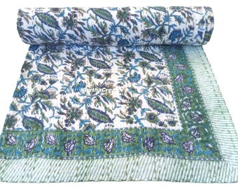 Coperta Kantha con stampa floreale a blocchi, copriletto reversibile in cotone fatto a mano, trapunta leggera.