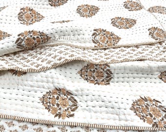 Indian Block Print Reversible Hand Stitch Cotton Kantha Quilt, Handmade Bohemian Coverlet, Jaipuri Quilt