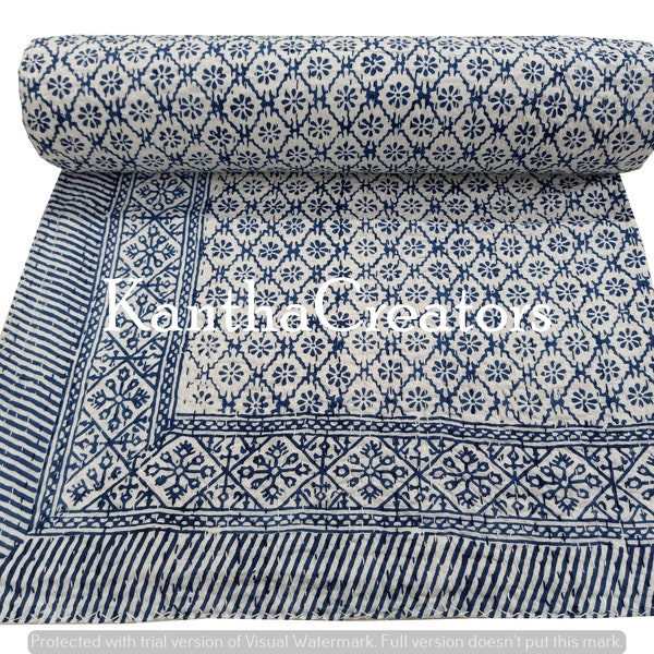 New Hand Stitch Kantha Quilt Reversible Throw King Size Bedspread Handmade Bedcover Cotton Coverlet