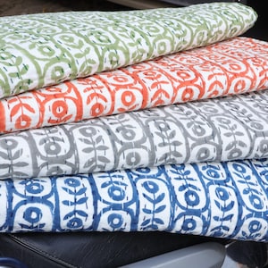 Floral Block Print Kantha Throw, Hand Stitch Reversible Cotton Bedspread, Queen Size Sofa Coverlet