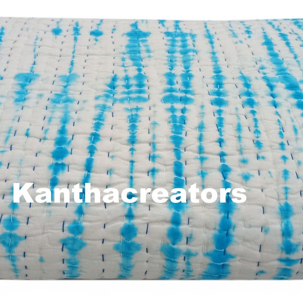 Indian Tie Dye Kantha Quilt Handmade Blanket Handstitched Bedspread Modern Winter Comforter Shibori Print Bedding Bedcover King Size Quilt