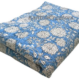 Wunderschöne Blau Weiß Bettwäsche Kantha Stitch Dohar Hand Block Print Dohar Tagesdecke Queen-Size Schlafzimmer Dekor Handgefertigte Quilt