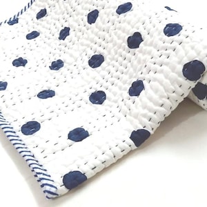 Handmade Polka Dot Baby Quilts, Reversible Cotton Kantha Stitch Blanket, Unique Baby Shower Gift
