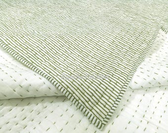 Henna Green Striped Block Print Cotton Kantha Quilt, Reversible Handmade Blanket, Sofa/Bed Coverlet